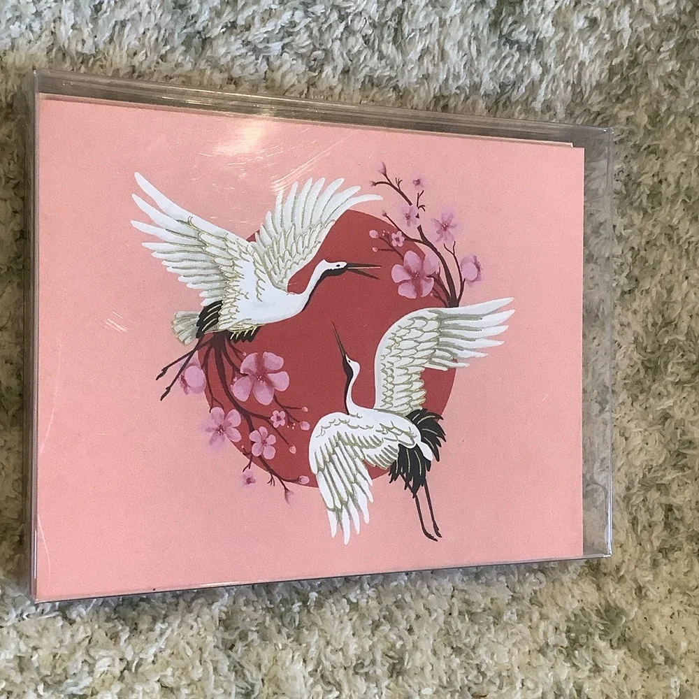 White Crane Red Moon Floral Boxed Note Cards Paper Source NWT set of 10